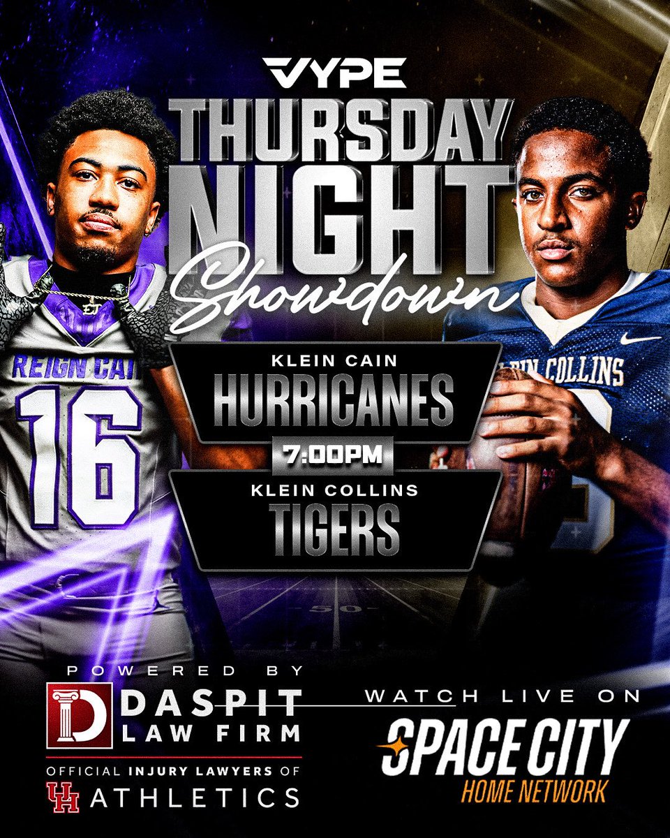 vypehouston's tweet photo. VYPE THURSDAY NIGHT SHOWDOWN WEEK 6 🚨

The VYPE Thursday Night Showdown powered by Daspit Law Firm returns tomorrow on the @spacecityhn alternate channel as we have a great week six matchup between the Klein Cain Hurricanes and the Klein Collins Tigers! #TXHSFB #Daspit https://t.co/0lB9Rqsdvy