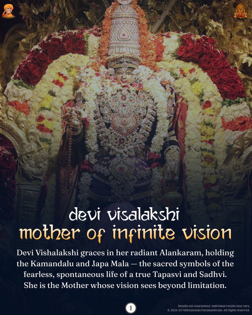 SriNithyananda's tweet photo. DEVI VISALAKSHI — THE MOTHER OF INFINITE VISION

In KAILASA, Navaratri invokes Devi Vishalakshi, the embodiment of infinite vision, Shuddha Buddhi, fearless living, and spontaneous joy.

Her grace awakens pure intelligence, dissolves fear and limitation, and empowers us to experience life with clarity, courage, and deep inner freedom.

#DeviVishalakshi #Navaratri #ShuddhaBuddhi #KAILASA #DivineMother #Tapas #Nithyananda