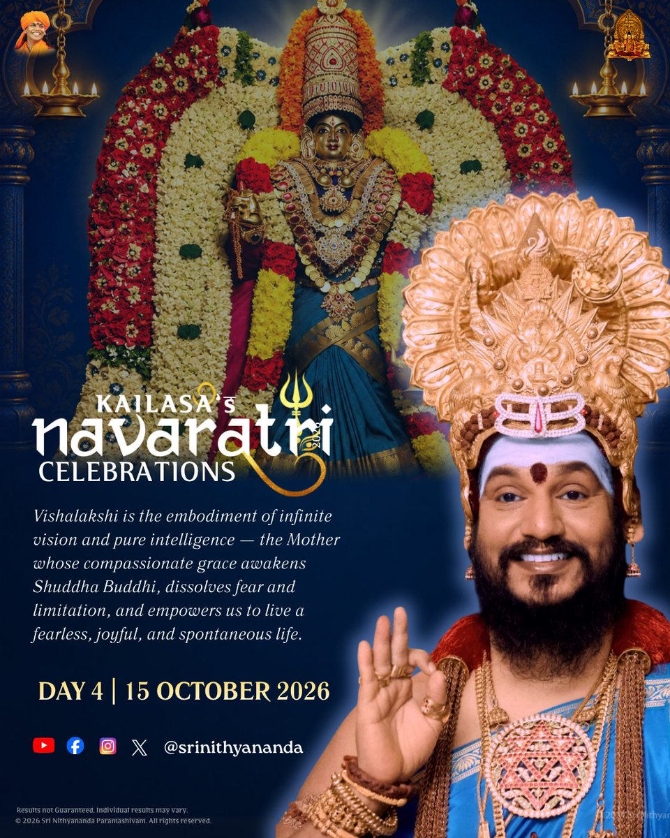 SriNithyananda's tweet photo. DEVI VISALAKSHI — THE MOTHER OF INFINITE VISION

In KAILASA, Navaratri invokes Devi Vishalakshi, the embodiment of infinite vision, Shuddha Buddhi, fearless living, and spontaneous joy.

Her grace awakens pure intelligence, dissolves fear and limitation, and empowers us to experience life with clarity, courage, and deep inner freedom.

#DeviVishalakshi #Navaratri #ShuddhaBuddhi #KAILASA #DivineMother #Tapas #Nithyananda