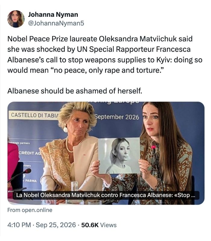 HillelNeuer's tweet photo. Francesca Albanese, Sept. 19: “I agree with those who think we need to stop sending weapons to Ukraine.” 📽️

Francesca Albanese, Sept. 23: “What a colossal idiocy. I never supported Ukraine's surrender.” ⬇️