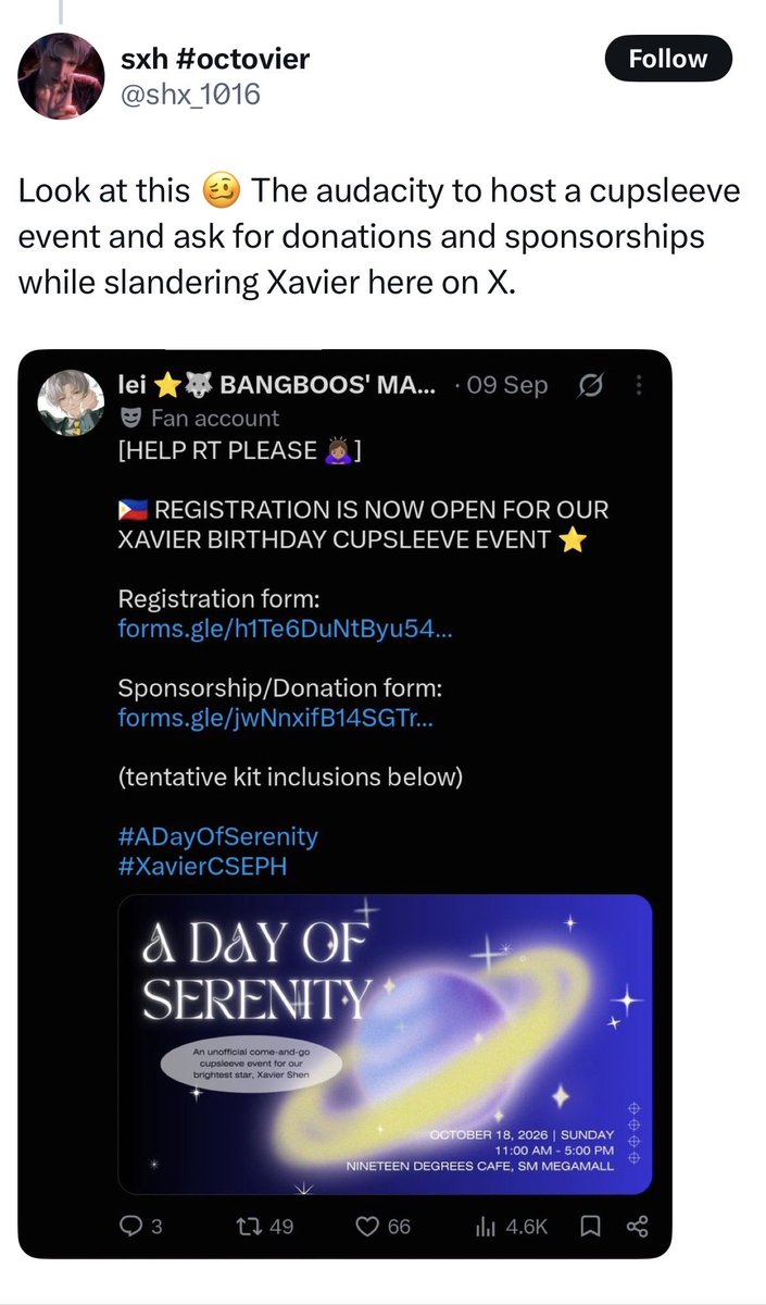 _alvedo's tweet photo. This you? What a disgusting person

To all (🇵🇭) girlies, BEWARE! This two faced hypocrite wants your money while calling Xavier pdf (literally). So please steer clear and celebrate our beloved partner’s birthday with artists, event organizers, girlies who genuinely love Xavier!🫂 https://t.co/wSYJa3lJ9X