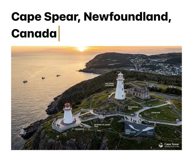 An aerial photograph of Cape Spear, Newfoundland, Canada, showing the historic lighthouses and interpretive trails at sunset, with location labels for Cape Spear Lighthouse, Interpretive Trail, Interpretive Lesson Trail, Ocean View, and Whale Observation Point.