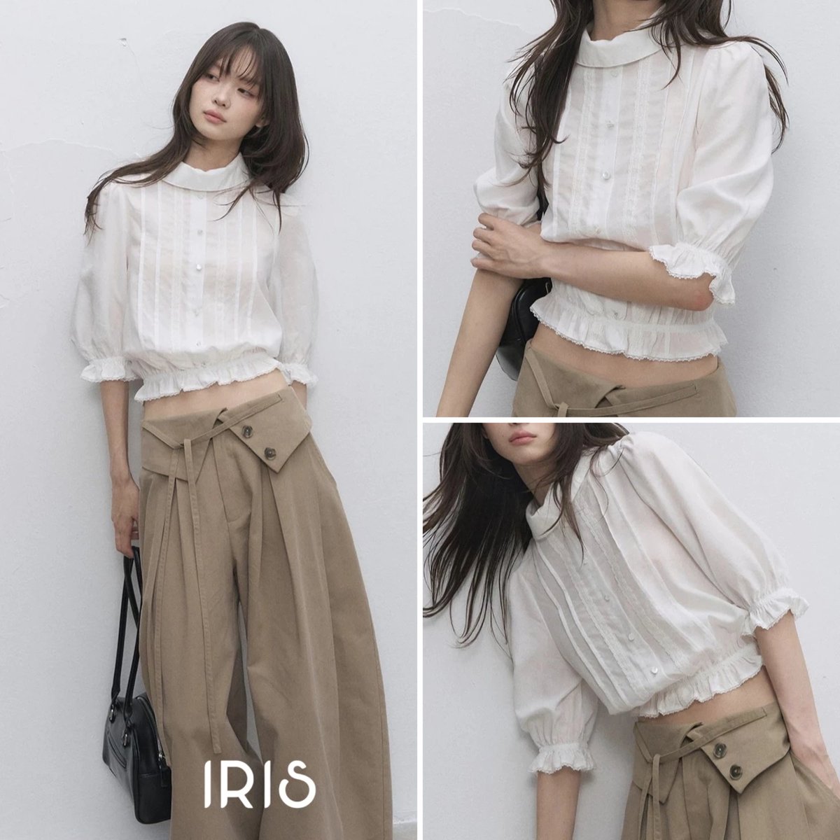 EIWIXECEII's tweet photo. เสื้อจากแบรนด์ IRIS ทรงครอปแขนพอง พร้อมชายระบายที่เอว แต่งลูกไม้เล็กน้อยที่ขอบ ตัวผ้าไม่หนามากใส่คู่กับกางเกงทรงหลวมหรือกระโปรงเอวสูงก็ได้🤍