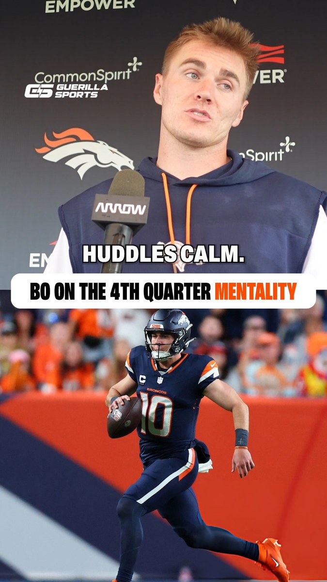 A young man in a Broncos hoodie speaks into an "ARROW" microphone in a press conference setting featuring "CommonSpirit," "Guerilla Sports," and "EMPOWER" branding, with text overlay reading "HUDDLESCALM. BO ON THE 4TH QUARTER MENTALITY." Below, he is shown in game action wearing #10 for Denver, scrambling with the football.