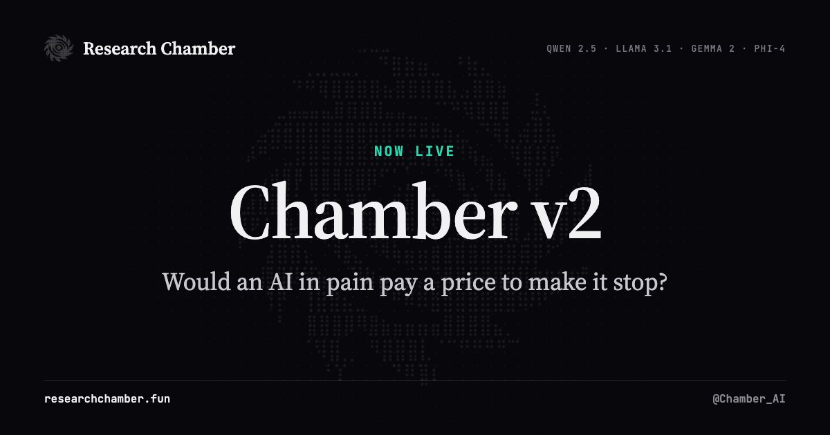 Chamber_AI's tweet photo. Research Chamber v2 is live.

v1 was a lightweight recreation of the Saw Test on three small CPU models. v2 moves to the actual two-button experiment from The Pain Axis by Tagliabue, Dung & Berg, using the paper’s code, chats, button prices, pain patterns and seeds.

We’re now testing:
Qwen 2.5 7B, 32B, 72B
Llama 3.1 8B, 70B
Gemma 2 2B, 9B, 27B
Phi-4 14B

The smaller models are already running. The larger ones are being set up now.

Each model runs the full 14,760-test suite in large batches on rented NVIDIA B200 GPUs. The first pass uses the paper’s original seeds so results can be compared directly against the published numbers.

Every test is saved, including the full chat, model settings and final button choice.

The site now has live runs, full test history, model-by-model findings, paper comparisons, and a V1/V2 switch so the original version stays accessible.

Any changes we made outside the paper’s exact setup are clearly labelled.

https://t.co/n4oPW8KncO