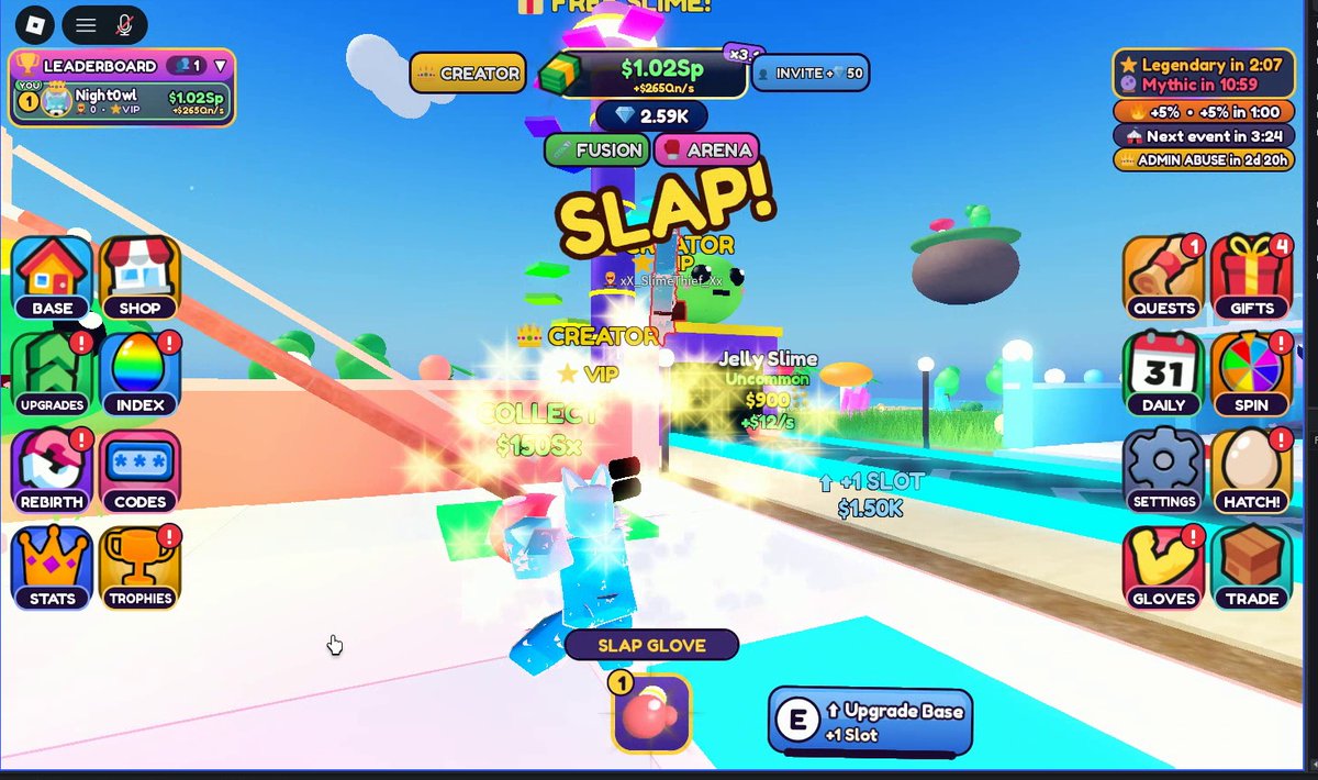 Balth05's tweet photo. I built a Roblox game where you STEAL slimes from other players' bases 🦹

🥚 NEW: Mystery Eggs, protect them while they hatch!
👋 Slap thieves away
🎁 Code TIKTOK = free gems

https://t.co/DOZECOW1dx

#Roblox #RobloxDev https://t.co/eUS1XovhkW