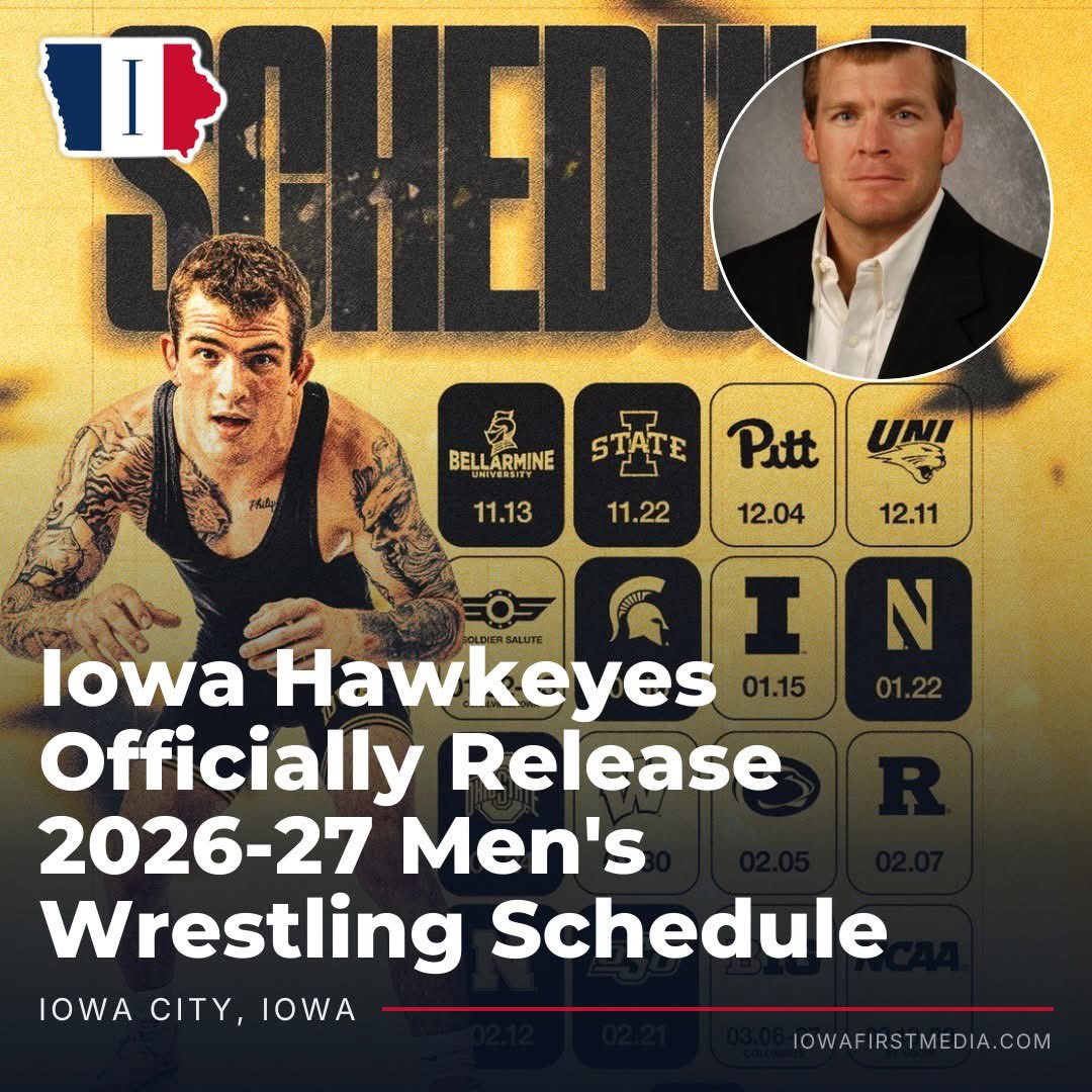 IowaFirstMedia's tweet photo. IOWA CITY, Iowa – Tom Brands released the 2026-27 Iowa men’s wrestling schedule on Tuesday, and it looks like a year where Iowa will finally rebound and be dominant again. 

Iowa finished 4th in the Big Ten and 4th at the NCAA Championships last season after a 12-6 dual year. They had 7 All-Americans, the most since 2020-21, so the future is looking bright for Tom and Terry Brands’ crew. 

The Hawkeyes open on November 13 at home against Bellarmine, then host Iowa State on November 22 in Carver-Hawkeye Arena. They then go to Pittsburgh on December 4, and to Cedar Falls on December 11 for the Dual in the Dome, the first Iowa-UNI dual since 2011. 

The Soldier Salute is January 2-3 at Xtream Arena in Coralville. Then, the Big Ten schedule begins. Michigan State, Northwestern, Ohio State, and Nebraska at home, and Illinois, Wisconsin, Penn State, and Rutgers on the road. Oklahoma State comes to Iowa City on February 21. Big Ten Championships are March 6-7 in Columbus, and the NCAA Championships are March 18-20 in St. Louis. 

They will have 7 total duals in Carver. The times and TV channels have yet to be confirmed. Iowa has led the nation in attendance every year Brands has been here, and it’s looking like the building will be full again.

Health will decide the ceiling, and the schedule gives them every kind of dual they need before St. Louis. Carver-Hawkeye is still the loudest room in the sport. The Hawkeyes are done explaining last year. Now, they’re looking ahead for what’s to come.

Business inquiries, corrections, story leads, or contributor requests? Email us at newsroom@iowafirstmedia.com.

Photo: @iowahawkeyewrestling via Instagram