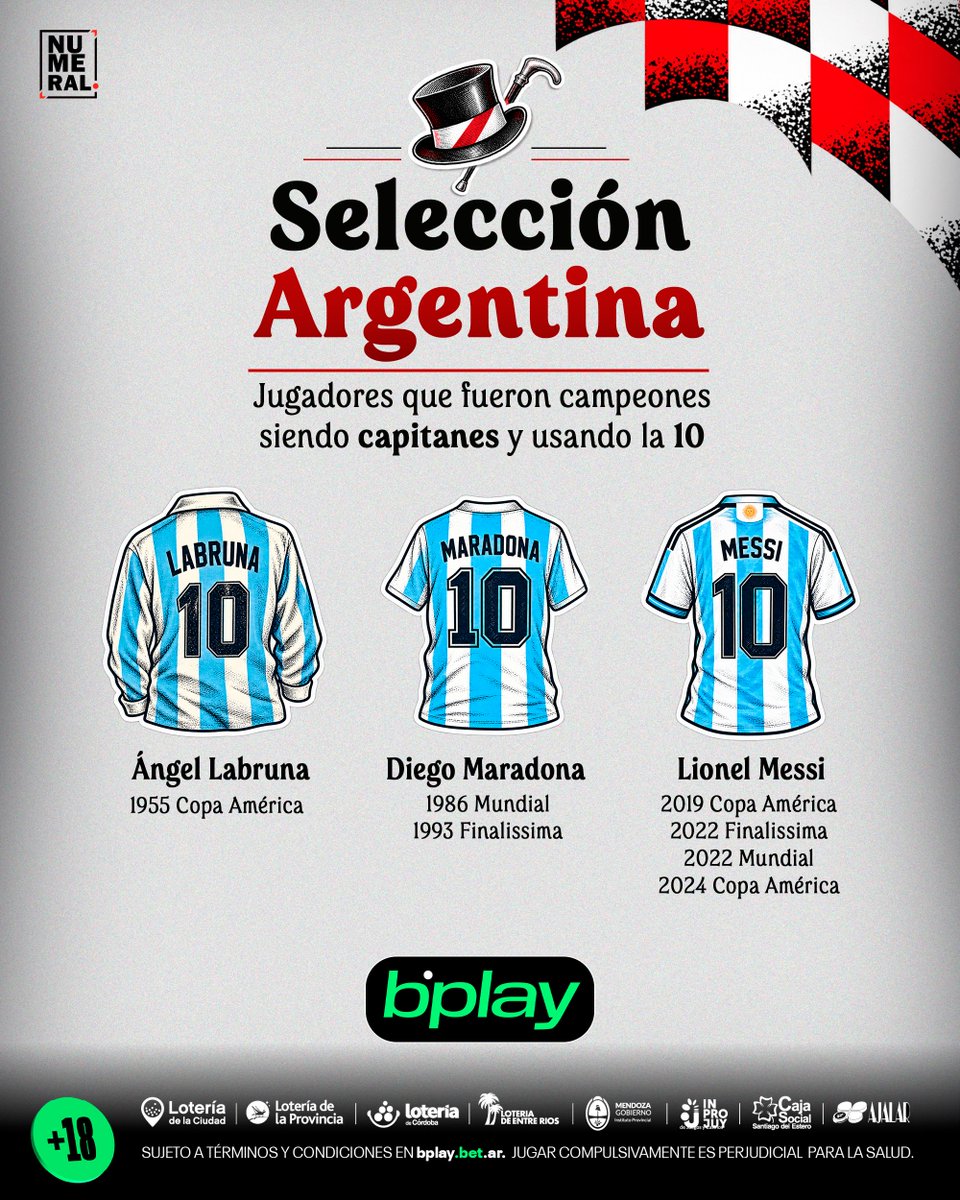 NumeralRiver's tweet photo. 🇦🇷 Hay solamente 3 jugadores que hayan salido campeones con la Selección siendo capitanes y usando la 10.

— Ángel Labruna en el Campeonato Sudamericano de 1955.
— Diego Maradona en el Mundial 1986 y la Artemio Franchi de 1993
— Messi en las 2 Copa América, la Finalissima y el Mundial