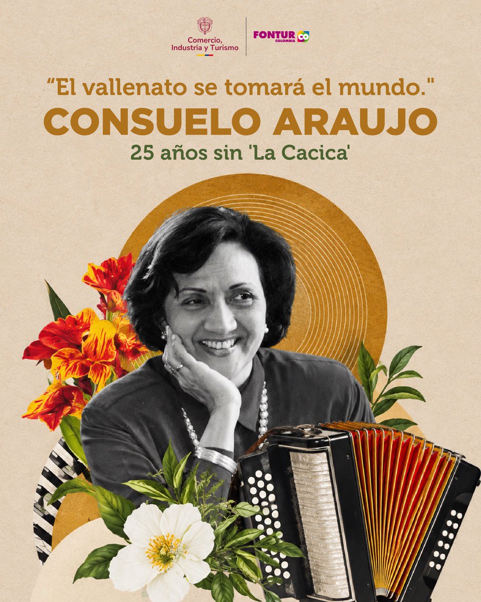 fonturcol's tweet photo. El vallenato cuenta la historia de Colombia a través de sus acordeones, sus versos y sus tradiciones.

A 25 años de la partida de Consuelo Araújo Noguera, “La Cacica”, periodista, escritora y gestora cultural, recordamos a una de las grandes promotoras del vallenato y cofundadora del Festival de la Leyenda Vallenata.

Su trabajo fue fundamental para llevar esta expresión del Caribe colombiano a todo el país y fortalecerla como símbolo de nuestra identidad cultural ante el mundo. 

Su legado sigue vivo en una tradición que mantiene vigente nuestra cultura y hace de nuestros territorios destinos para vivir y visitar. #FirmesPorElTurismo