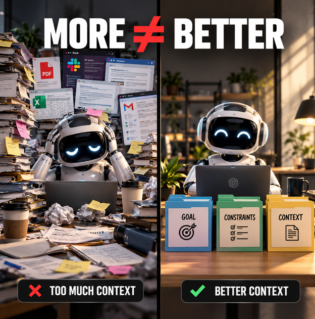 workflow_canvas's tweet photo. more context doesn’t always make ai better.  
give it the goal, the constraints and only the information it actually needs.  
better prompting isn’t always about adding more. sometimes it’s knowing what to leave out https://t.co/gMayU1BFpX