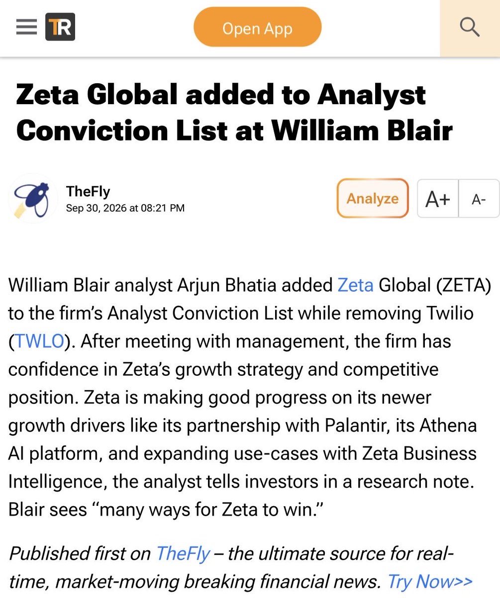 R_exponential's tweet photo. $ZETA +9.01% 🚀（ダブルバガー）

William BlairのArjun Bhatiaが経営陣との面談後、ZETAを「Analyst Conviction List」に追加。理由は①Palantir提携、②Athena AI、③Zeta Business Intelligence（ZBI）のuse case拡大。
Blair sees "many ways for Zeta to win." https://t.co/7VyDSvqkxk