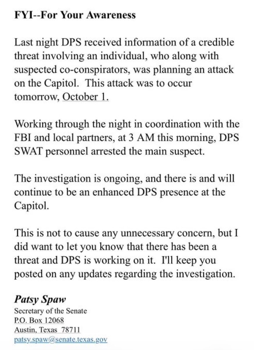 AZ_Intel_'s tweet photo. Texas DPS arrests suspect after credible threat to attack Texas Capitol, Senate secretary says. https://t.co/UmDc6uqNct