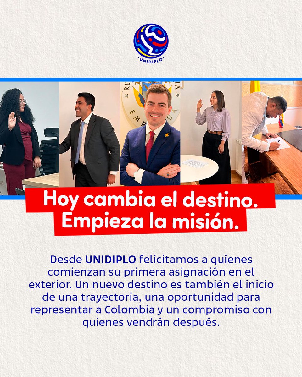 unidiplo's tweet photo. Felicitamos a nuestros funcionarios de Carrera Diplomática y Consular por sus nuevas asignaciones en el exterior. Que este primer destino sea el comienzo de una trayectoria llena de aprendizajes, retos y oportunidades para servir y representar a Colombia en el mundo. https://t.co/KfGPQ2W2uN