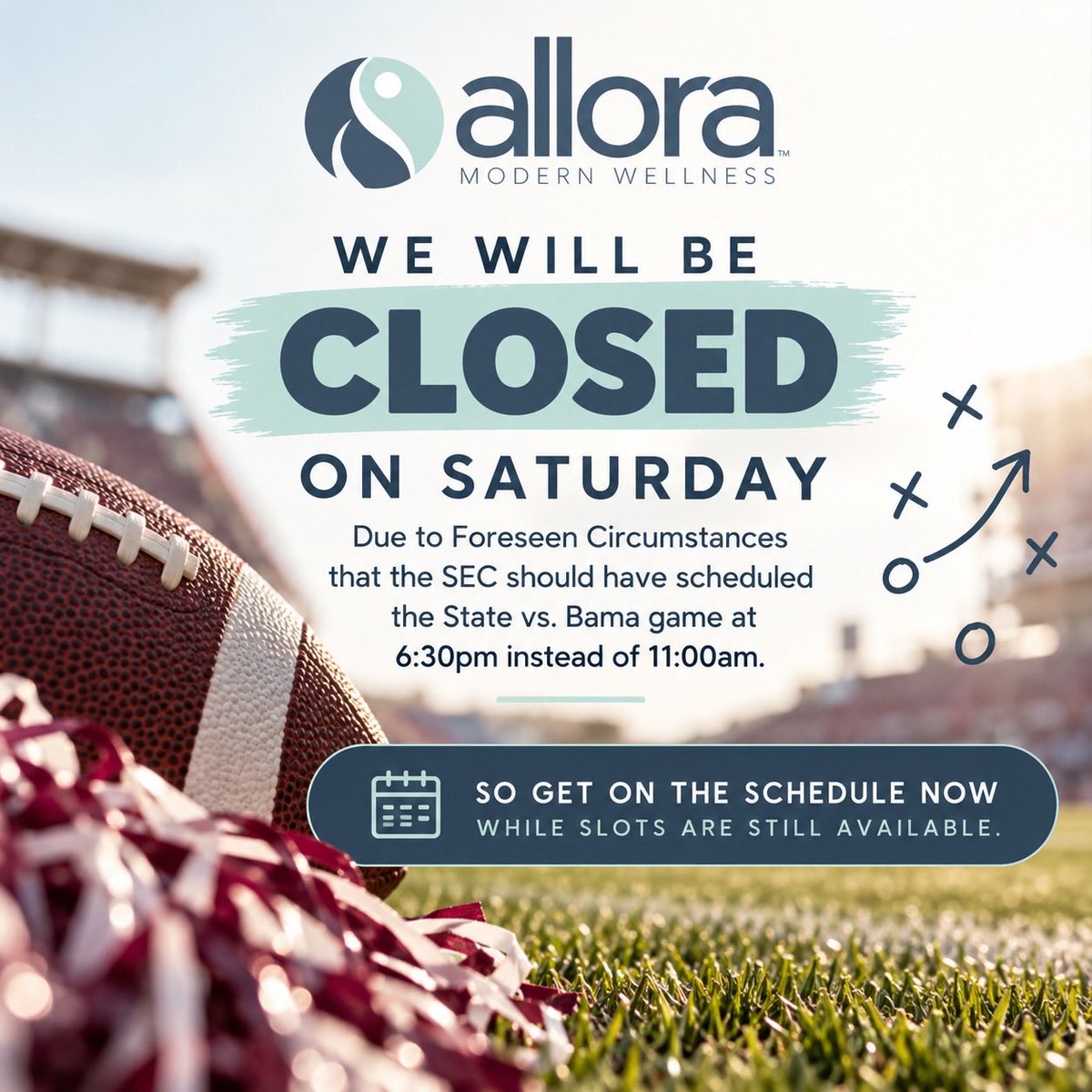 alloraMW's tweet photo. Due to foreseen circumstances… we’ll be closed Saturday. 🏈🔔

We had 6:30 p.m. wellness plans. The SEC had 11 a.m. football plans. 😂

Get your recovery, relaxation, and wellness in before State vs. Bama! Book now while slots are still available.

@HailState @brianhadad https://t.co/KwdnEY0XIL