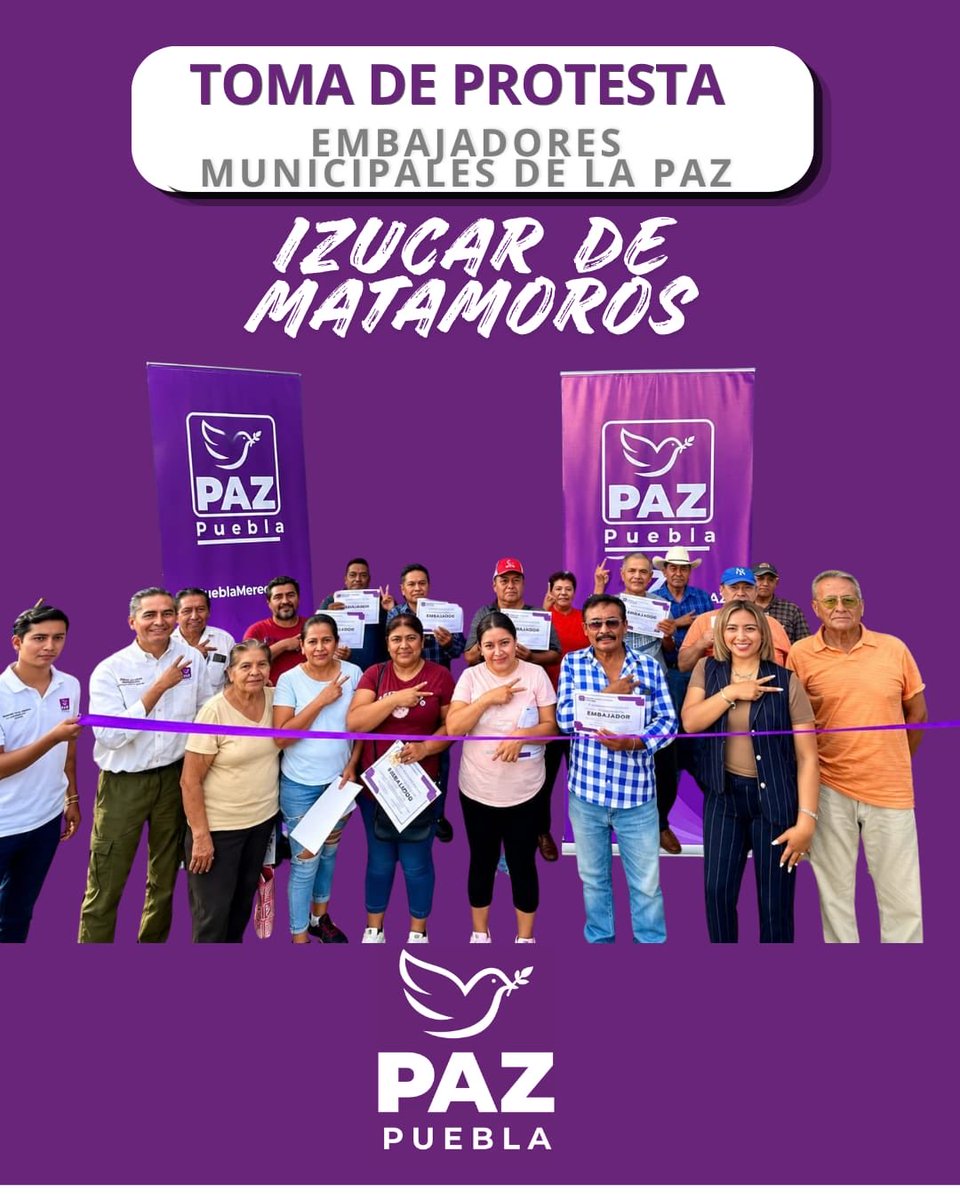 PartidoPazPue's tweet photo. PAZ sigue construyéndose desde los municipios. 🕊️
Hoy tomó protesta el Embajador de la PAZ en Izucar de matamoros : organización, comunidad y compromiso para reconstruir nuestro tejido social.

#PueblaMerecePAZ #MéxicoMerecePAZ https://t.co/vn8nn42m3g