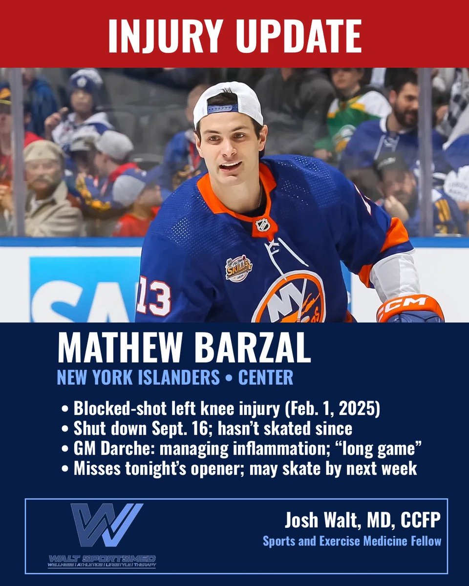 WALTSportsMed's tweet photo. Mathew Barzal (NYI) is out of tonight's opener vs TOR — a flare-up of the knee injury from the shot block that ended his 2024-25 season and required surgery. Shut down Sept. 16, no skating yet; Darche hopes he resumes by next week. #Isles https://t.co/yR7iwXGSr7