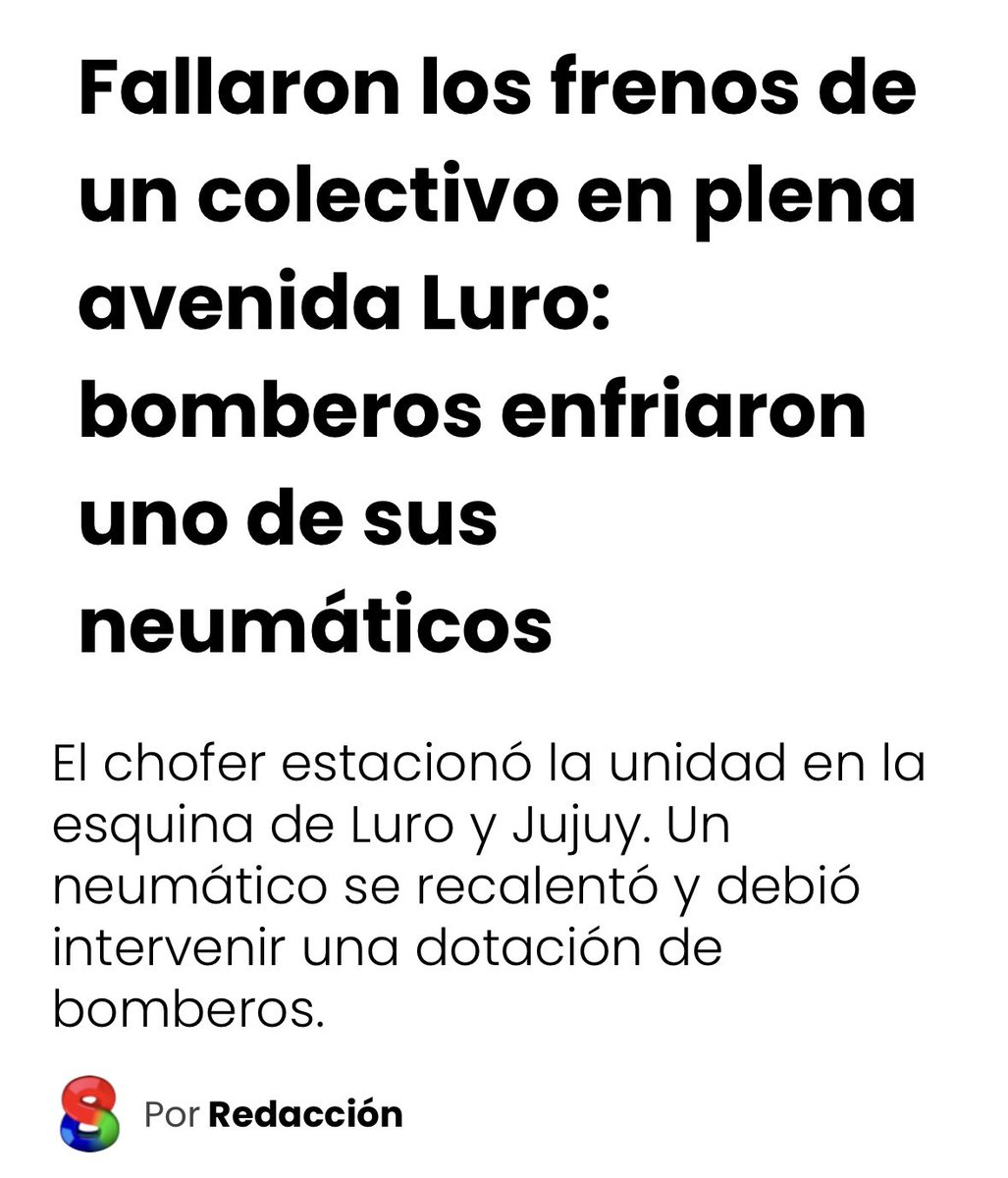 evayala's tweet photo. ¿Cuántos episodios más tienen que ocurrir para que el Municipio actúe?

Hoy volvió a pasar. Un colectivo tuvo una falla en los frenos en plena avenida Luro. Uno de sus neumáticos se recalentó y tuvo que intervenir una dotación de bomberos.

No es un episodio aislado. En los últimos meses vimos ruedas desprendidas, fallas de dirección, roturas de ejes, problemas de frenos y una tragedia que terminó con la vida de Guadalupe Merlos.

Y hay una decisión del gobierno municipal. Neme prorrogó la vida útil de unidades que ya habían alcanzado la antigüedad prevista.

Por eso venimos reclamando una nueva VTV para el 100% de los colectivos de Mar del Plata: obligatoria, inmediata y monitoreada, con participación de la Facultad de Ingeniería, el Colegio de Ingenieros y docentes de SMATA.

No queremos explicaciones después de cada episodio. Queremos una respuesta antes del próximo.

El intendente tiene que hacerse cargo de la decisión que tomó y garantizar que cada colectivo que sale a la calle esté en condiciones seguras de circular.

La seguridad de los marplatenses no puede depender de la suerte.