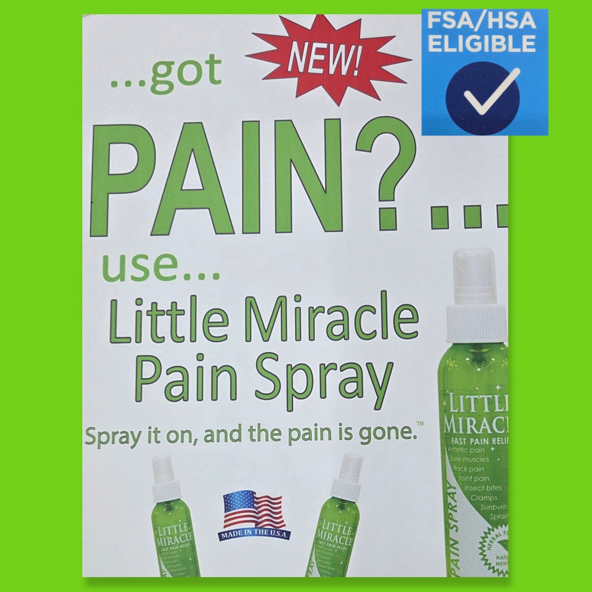 kovacsfrey's tweet photo. Little Miracle spray —it’s now FSA-approved!
This all natural spray has so many uses. Ask about Little Miracle Spray and see what it can do for you.
#FSA #LittleMiracle #GotPain #MadeInUSA https://t.co/DWtetStR2y