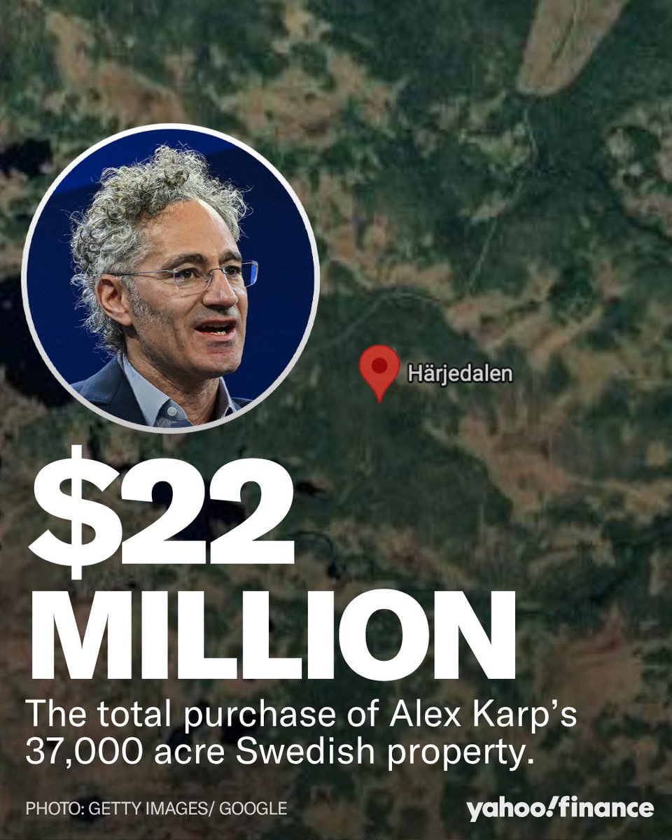 YahooFinance's tweet photo. Palantir CEO and co-founder Alex Karp recently purchased 37,000 acres of forest in Härjedalen, Sweden, through his newly registered company Cladonia Skog AB, for $22 million. https://t.co/qCLOhNT6mC