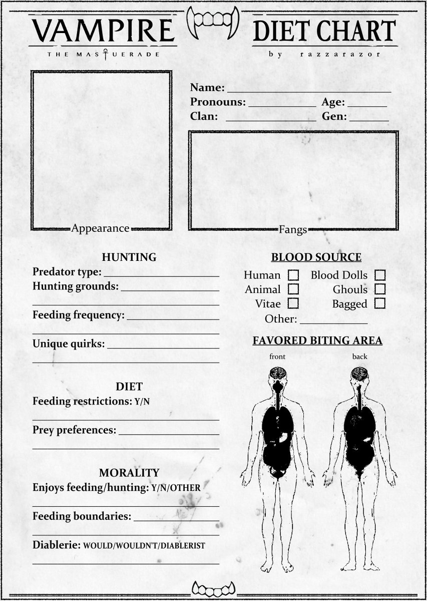 razzarazor's tweet photo. Made a feeding/hunting/diet chart template for vampire characters. I talk about this topic so much I thought it was only fair to create yet another excuse to draw teeth. Alt versions (including a non vtm one) in replies. [#vtm #vampirethemasquerade #oc] https://t.co/adMuW5zbWK