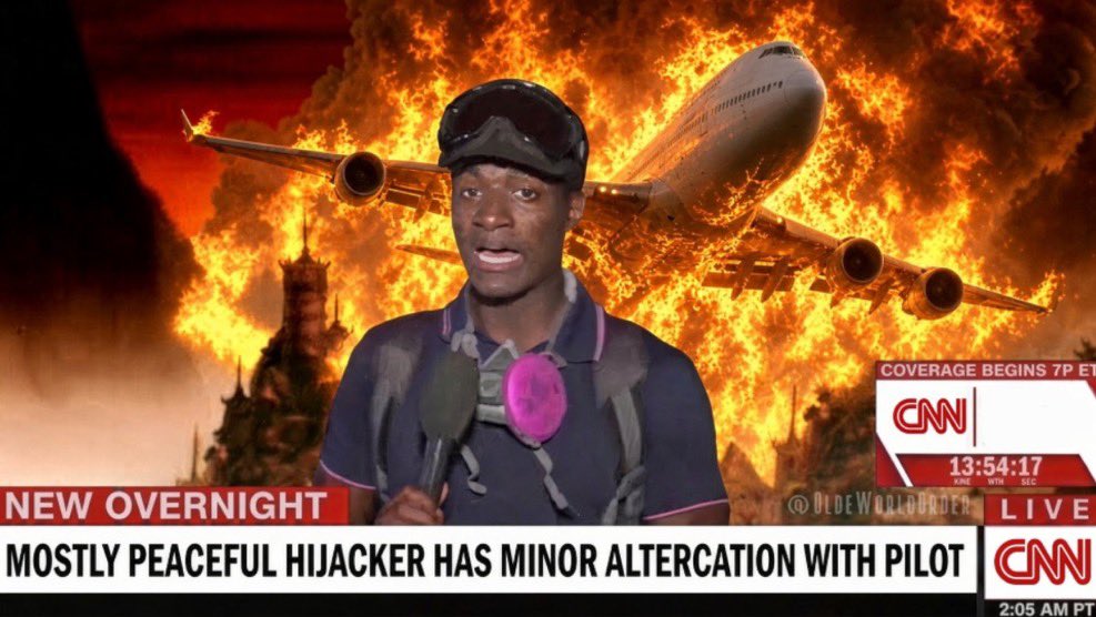CaliMAGABarbie's tweet photo. BREAKING: Mostly peaceful hijacker has minor altercation with pilot on the way to Tel Aviv

When a Muslim terrorist tries to hijack a plane full of Jews, it’s an “altercation.” When left-wing thugs burn our cities, it’s “mostly peaceful.” When you want secure borders, fair elections, and safe communities, you’re a “right-wing extremist.”

You don’t hate the media enough. You can’t hate them enough.
They will say anything to avoid offending Islamists and burying the truth.

Islamism is the threat. That’s what this was.