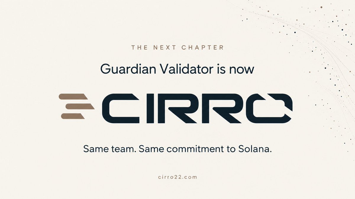 Cirro_IBRL's tweet photo. Guardian Validator is now Cirro!

Same team. Same validator. Same commitment to Solana.

Our new identity brings together independent validator operations, LST Radar, Sudo Frens, and the work ahead.

A Solana validator that builds.

https://t.co/N2QVTzrQTZ https://t.co/jBAphMUAiF