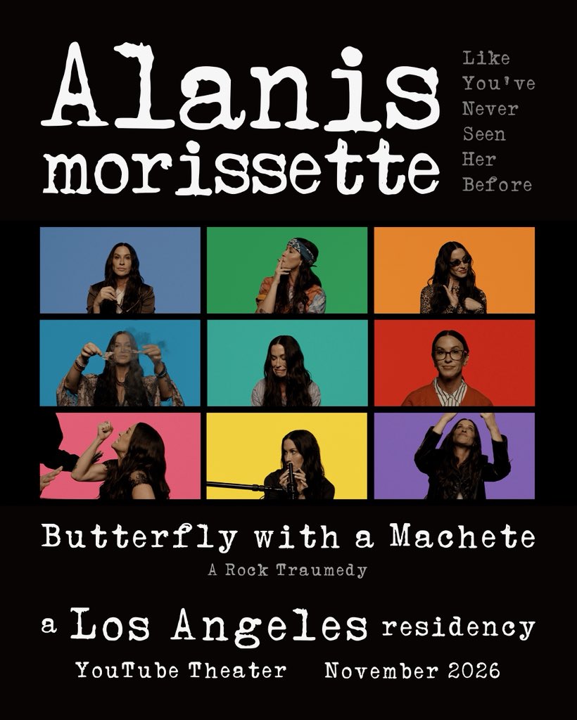 Alanis's tweet photo. patty guggenheim and i putting the finishing touches on the 2026 script…. back into the swirl of this multidisciplinary show: butterfly with a machete - at the YouTube theater in november 🦋🗡️  #arocktraumedy ✨ #4showsonly 

https://t.co/xv5qANcUOW https://t.co/hSXnYeTeu1