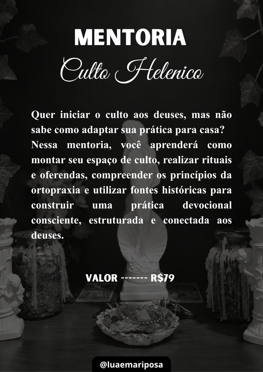 luaemariposa's tweet photo. Boa noite, pessoal! ⭐

Estou iniciando uma mentoria sobre o culto helênico e, em busca de feedbacks, abrirei uma turma piloto ⭐ gratuita ⭐ para apenas 5 pessoas!

Mais informações abaixo! 🏛️✨

Os matérias disponibilizados serão: PDF explicativo, livros e fontes históricas. https://t.co/yPi8t7mfNC