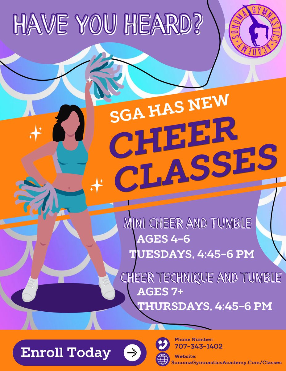 FlipsFitnessFun's tweet photo. 📣 The news is out! Sonoma Gymnastics Academy is offering CHEER CLASSES for ages 4-6 &amp; 7+, on Tues &amp; Thurs from 4:45-6 PM. 
Enroll online or call us at 707-343-1402 &amp; we'll sign you up.

https://t.co/vPenuqQoQi

#cheer #cheerleading #gymnastics #sonoma #gymnastics #fitness #gym https://t.co/N6BtdiTckM