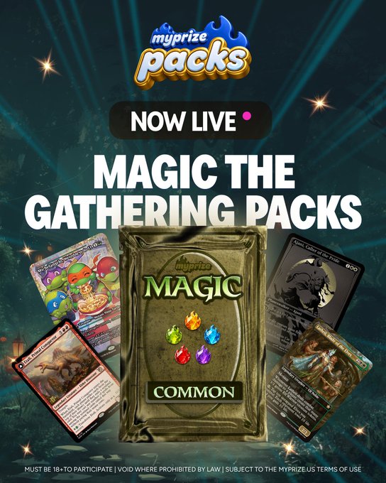 A promotional advertisement for 'myprize packs' announcing 'NOW LIVE' Magic The Gathering Packs, featuring 'COMMON' tier card artwork.