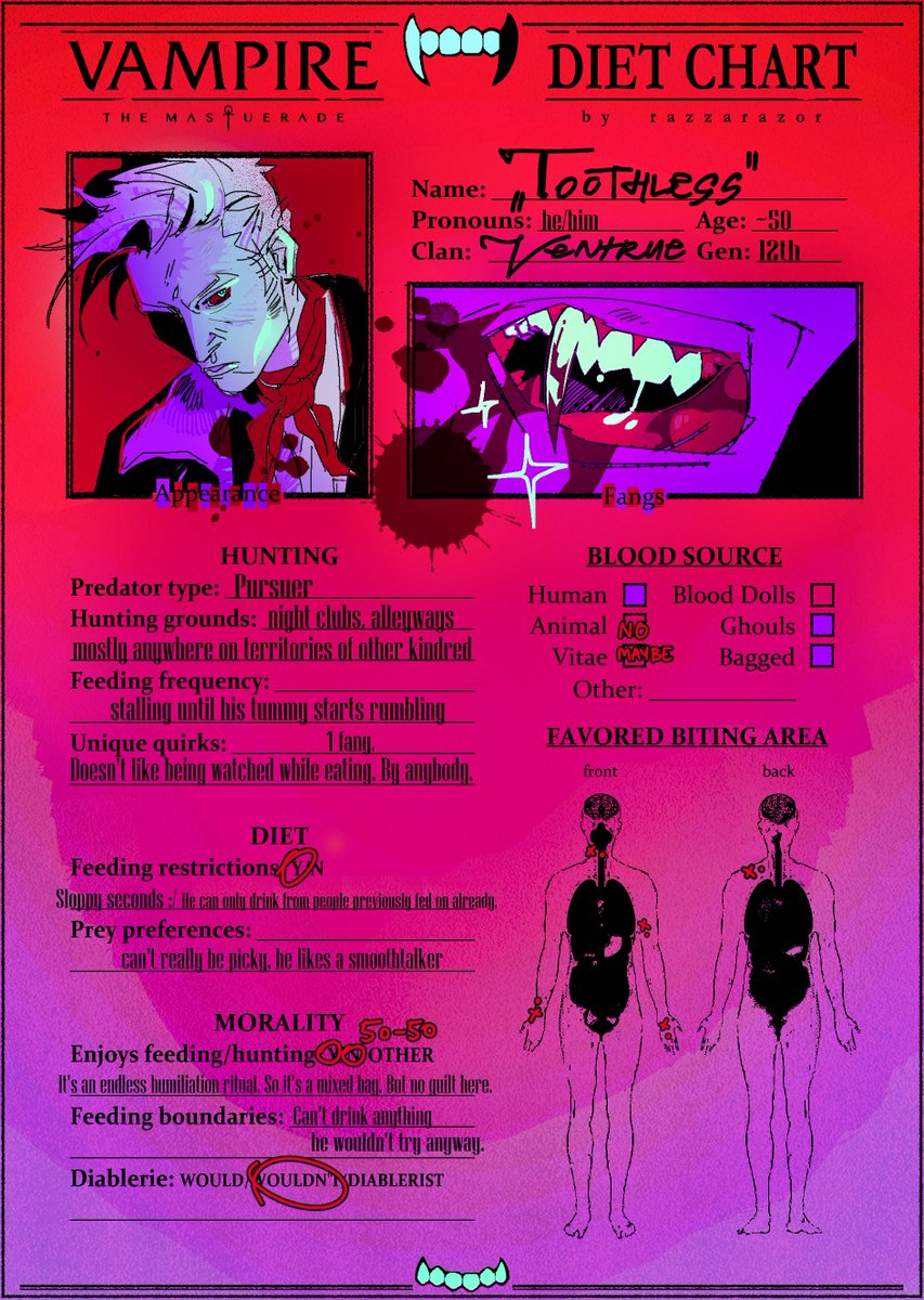 razzarazor's tweet photo. Made a feeding/hunting/diet chart template for vampire characters. I talk about this topic so much I thought it was only fair to create yet another excuse to draw teeth. Alt versions (including a non vtm one) in replies. [#vtm #vampirethemasquerade #oc] https://t.co/adMuW5zbWK