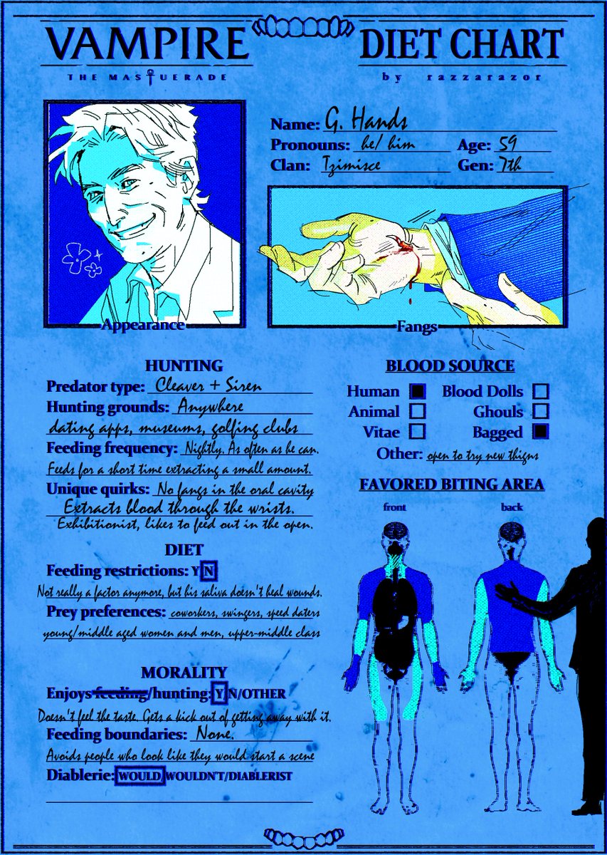 razzarazor's tweet photo. Made a feeding/hunting/diet chart template for vampire characters. I talk about this topic so much I thought it was only fair to create yet another excuse to draw teeth. Alt versions (including a non vtm one) in replies. [#vtm #vampirethemasquerade #oc] https://t.co/adMuW5zbWK