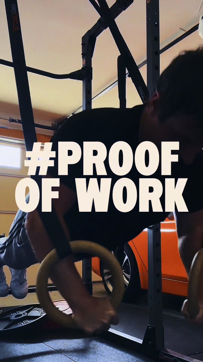 A person is shown mid-workout, pulling themselves up on gymnastic rings inside a power rack in what appears to be a home gym, with bold white text overlay reading "#PROOF OF WORK" that ties into the post's theme of a 33-day fitness challenge and the idea that "30s are pretty cool actually."