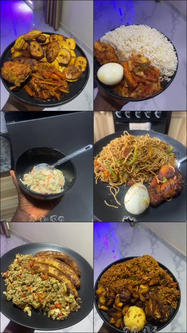 A collage of six photos showing various home-cooked meals including fried plantains, rice with stew and egg, coleslaw, stir-fried noodles with plantains, fried rice with sausages, and jollof rice.