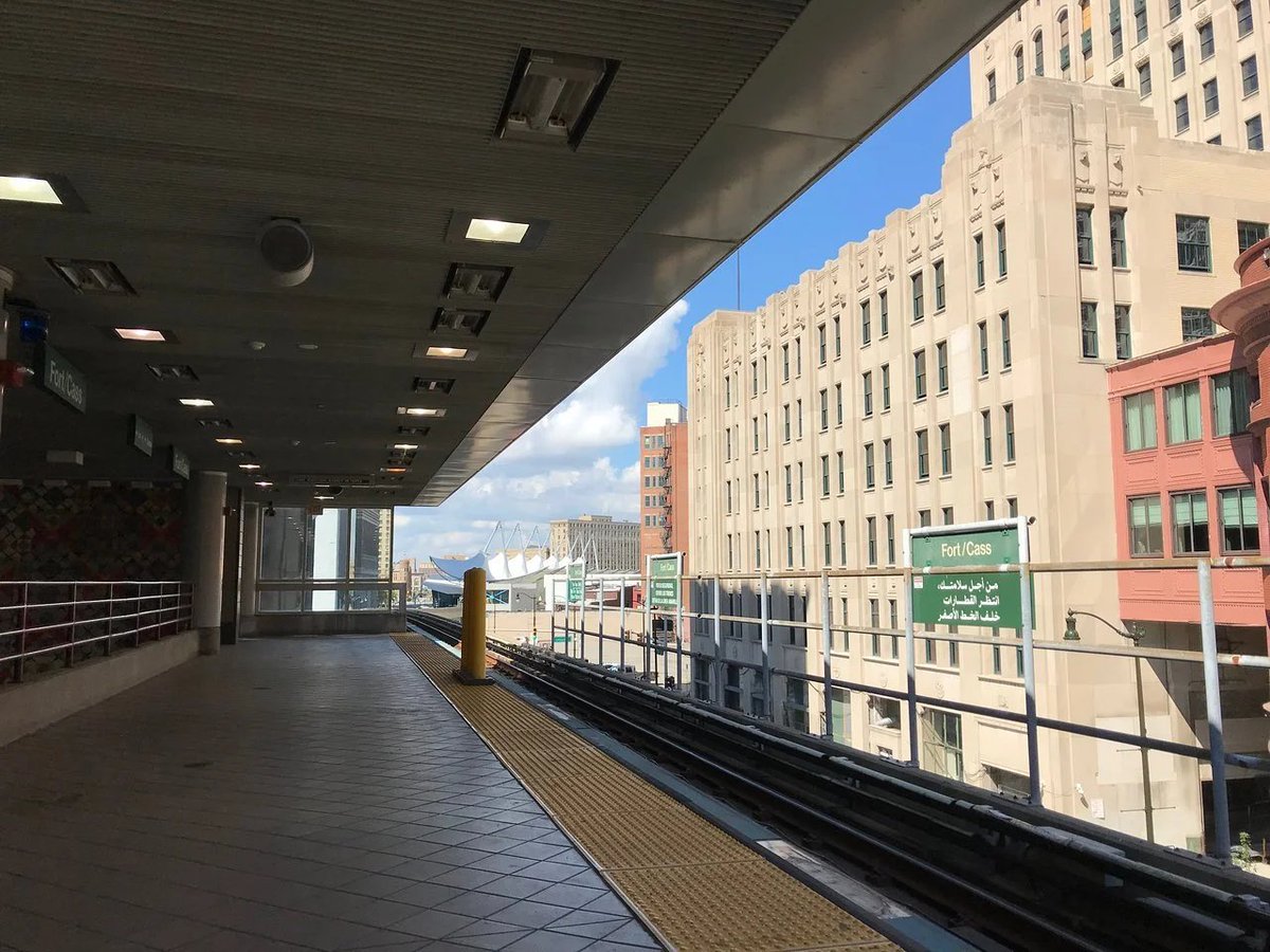 detpeoplemover's tweet photo. Next time you stop at Fort/Cass, give the station walls an extra minute before heading out. 👀

Farley Tobin’s murals are made with more than 30,000 tiles, and some of the glaze includes ash from the 1980 Mount St. Helens eruption.

Once you step outside, John K. King Used and Rare Books and Fort Street Presbyterian Church are both nearby.

Explore Fort/Cass Station at https://t.co/mzwcyw7XqS