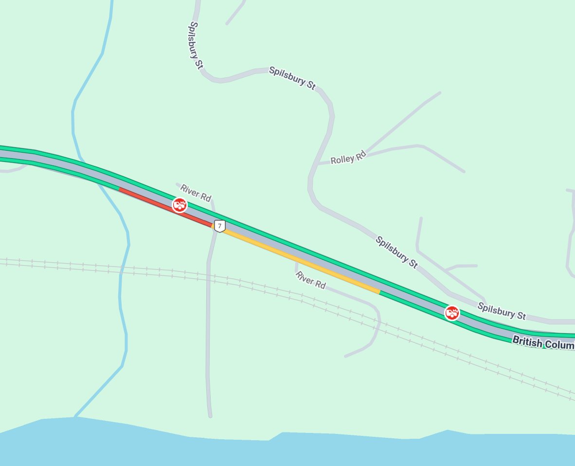 DriveBC's tweet photo. ⚠️#BCHwy7 - A vehicle incident on River Road has the eastbound right lane blocked. Expect minor delays. Crews on scene. #MapleRidgeBC https://t.co/ec22rH2Xhe