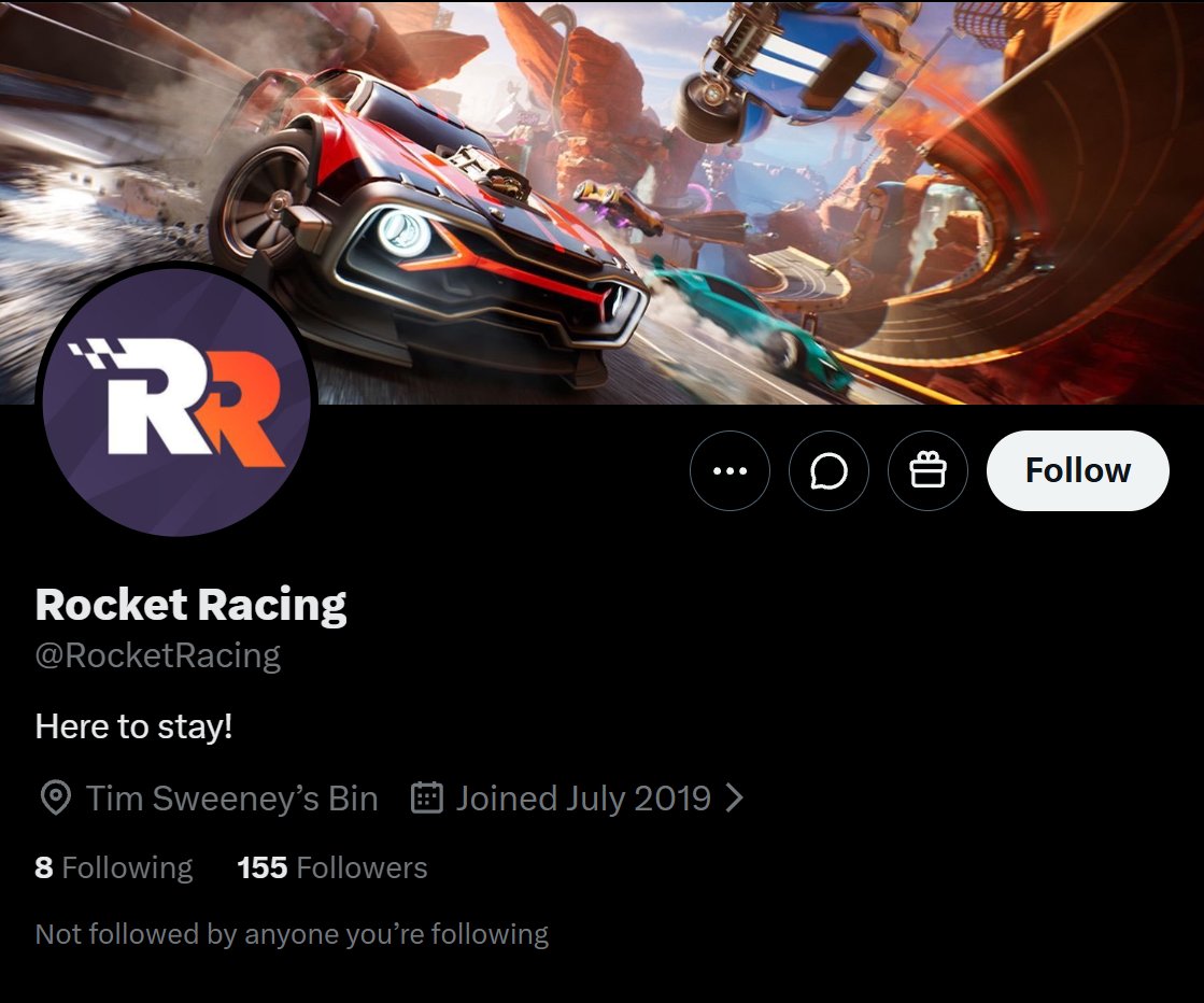 BackersGamesF's tweet photo. This is funny. After Epic officially announced that Rocket Racing will be shutdown tomorrow and deleted their official RR account, someone else took the @ and set it's location to "Tim Sweeney’s Bin" LMFAO

They are even mentioned in Fortnite's official post as we talking 😭 https://t.co/vGSQ04hYAC