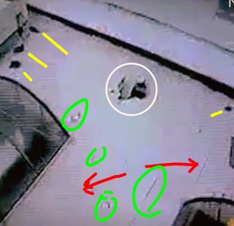 OutsidersPersp's tweet photo. Now let's zoom in on the actual material evidence.

Notice the discolored rings and pooling stains surrounding the breach point in the lower roof deck.

The Belvedere was built in 1903, and this secondary, non-public annex roof suffered decades of deferred maintenance. Those rings are classic indicators of repeated water ponding—which rots wood sub-framing and corrodes corrugated steel decking over time.
Below: white is the hole made by the fall. 
Yellow appears to be tar repairs.
Green possible scarring or dents in material?
Red appear to be true stress marks or a covering of one material over another?