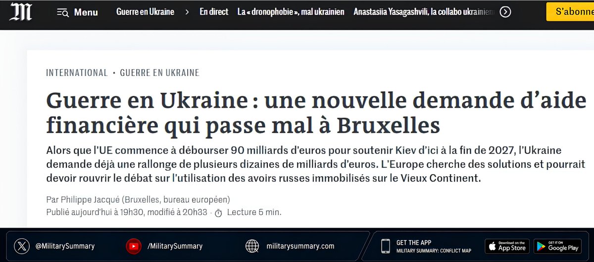 MilitarySummary's tweet photo. 📰 Le Monde: Kyiv's New Request for Funds Causes Irritation in Brussels
Ukraine's new request for additional funding has caused open irritation in Brussels. While the European Union is only just beginning to disburse the €90 billion, Kyiv is already demanding several more tens of billions.