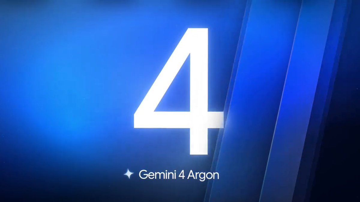 A promotional graphic with a large white number '4' on a blue gradient background with diagonal light streaks, displaying the text 'Gemini 4 Argon' at the bottom with a sparkle icon.