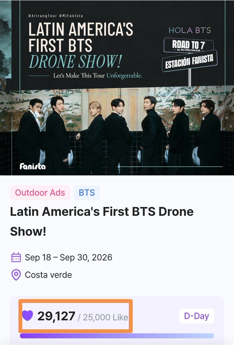 bts_peru1's tweet photo. Like by like, drone by drone. 💜

🇵🇪 LATAM, LO HICIMOS. AHORA, LLEVÉMOSLO MÁS LEJOS. 💜

Los 25 000 Likes ya hicieron posible el show de drones dedicado a BTS en Perú. 🇵🇪✨

Y ahora podemos duplicarlo: de 80 a 160 drones. 👀

LATAM, WE DID IT. NOW, LET'S TAKE IT FURTHER. 💜

The 25,000 Likes we achieved have already made the BTS-dedicated drone show in Peru possible. 🇵🇪✨

And now we can double it: from 80 to 160 drones. 👀

#RoadTo7 #BTSDroneShow