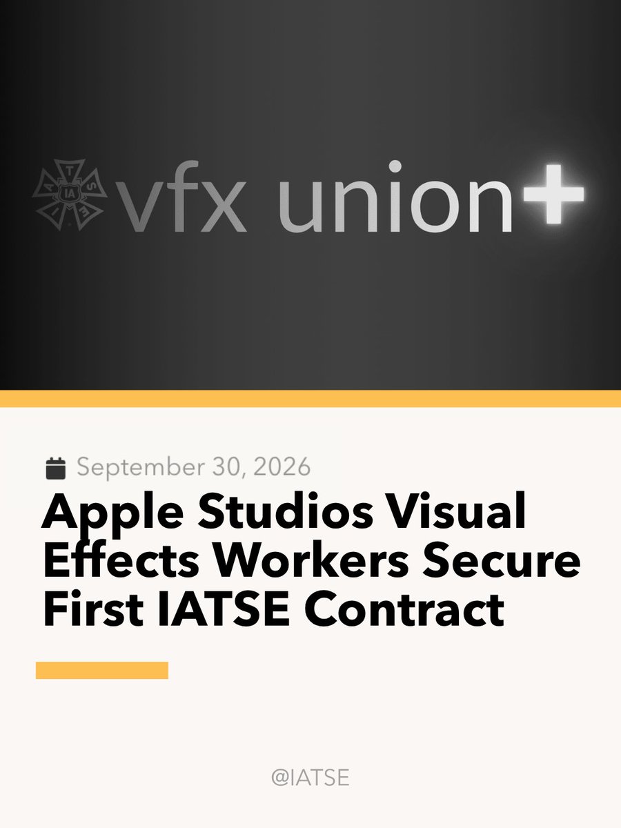 IATSE's tweet photo. BREAKING: Visual effects (VFX) workers at Apple Studios have secured their first collective bargaining agreement with the International Alliance of Theatrical Stage Employees. https://t.co/WO5gY7VgOq