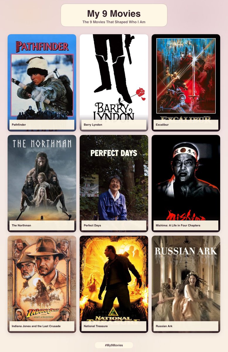 scorduul's tweet photo. Honorable mentions

The Mummy 
The Wicker Man 
Unter dem Sand 
Farinelli 
Ran 
Troy
300 
The Blue Max 
2001: A Space Odyssey
A Clockwork Orange 
Quest for Fire 
Spirited Away
Last of the Mohicans 
Apocalypto 
Das Boot
Der Untergang 
The Unknown Soldier 
The Ghost and the Darkness https://t.co/RsEFzsTuGx