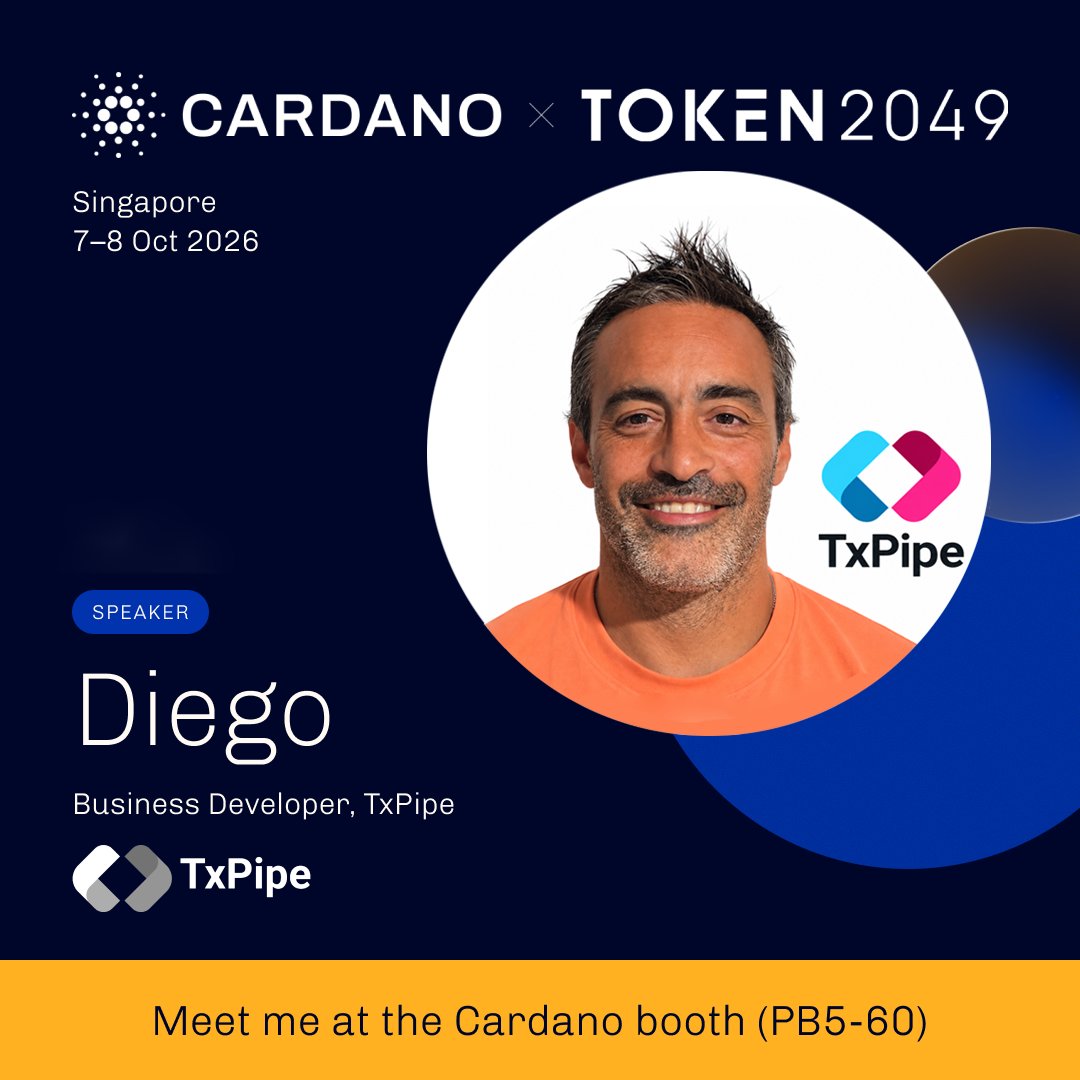 diegomac35's tweet photo. Heading to #TOKEN2049 Singapore 🇸🇬

I'll be speaking at the Cardano Pavilion on Day 1:
🗓 Wed, Oct 7 · 10:00–10:30
📍 Booth PB5-60, Level 5
🎤 "Build on Cardano"
How @txpipe_tools covers the full dev journey: develop, deploy, scale.

Come say hi 👋 https://t.co/ZkYb3yFyau
