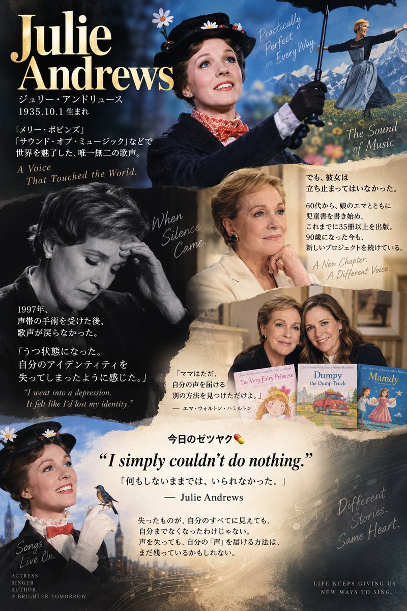 ndnow811's tweet photo. ジュリー・アンドリュース
Julie Andrews
1935年10月1日生まれ

『サウンド・オブ・ミュージック』などで
世界を魅了した歌声。

しかし1997年、
声帯手術後にその歌声を失った。

「自分のアイデンティティを失った」
と感じ、うつ状態に。

それでも60代から、
娘と児童書を書く
第二のキャリアを始めた。

今日のゼツヤク💊

“I simply couldn't do nothing.”

「何もしないままでは、
いられなかった。」

― Julie Andrews

詳細はリプへ👇

#今日の絶薬 #MLK
#ジュリーアンドリュース #JulieAndrews