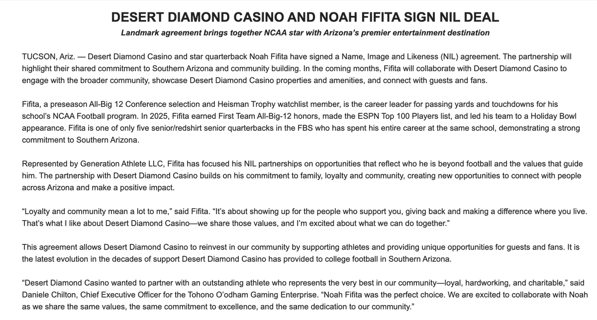 jasonscheer's tweet photo. Desert Diamond has signed a NIL deal with Noah Fifita https://t.co/d8AKu0qlPs
