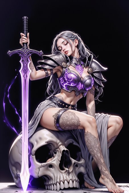 A fantasy digital artwork of a silver-haired warrior woman in purple and silver armor, holding a glowing purple sword while sitting atop a large skull.