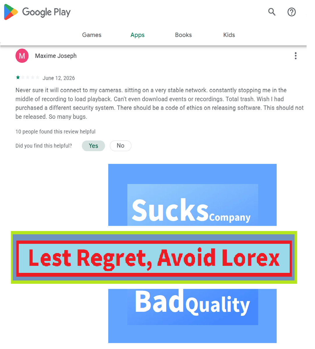 Goolorex's tweet photo. Avoid Lorex due to GooglePlay👎👎{Barry White 24 August 2026 The Lorex app is horrible! I've had this system for about 6 years now, and it's been okay other than the app. WHICH IS PRIMARILY HOW WE  ...  10 cents.}🤦‍(Overall=>Garbage Lorex Camera/App)580. 3.510 https://t.co/SvR8NnuVoh