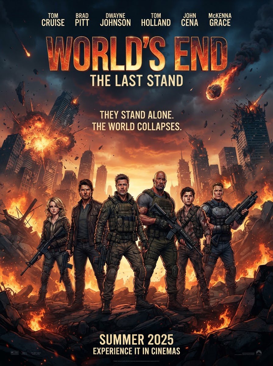 MrMovieArtist's tweet photo. #Ai #AiArt #Concept #Poster #WorldsEnd #TheLastStand #TomCruise #BradPitt #DwayneJohnson #TomHolland #JohnCena #McKennaGrace #TheyStandAlone #TheWorldCollapses https://t.co/FBwzgECk2D
