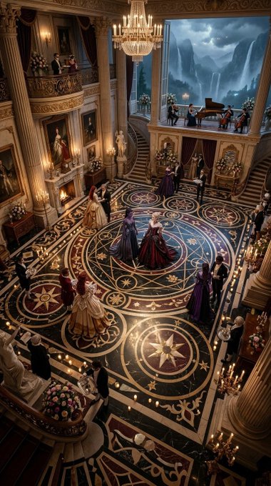 A grand ballroom scene rendered in an ornate, classical style features elegant figures dancing on a floor decorated with astronomical compass motifs, illuminated by a large crystal chandelier beneath a night sky view.